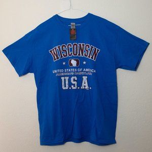 WISCONSIN men's tee shirt, short sleeve, brand new with tags. Blue with USA